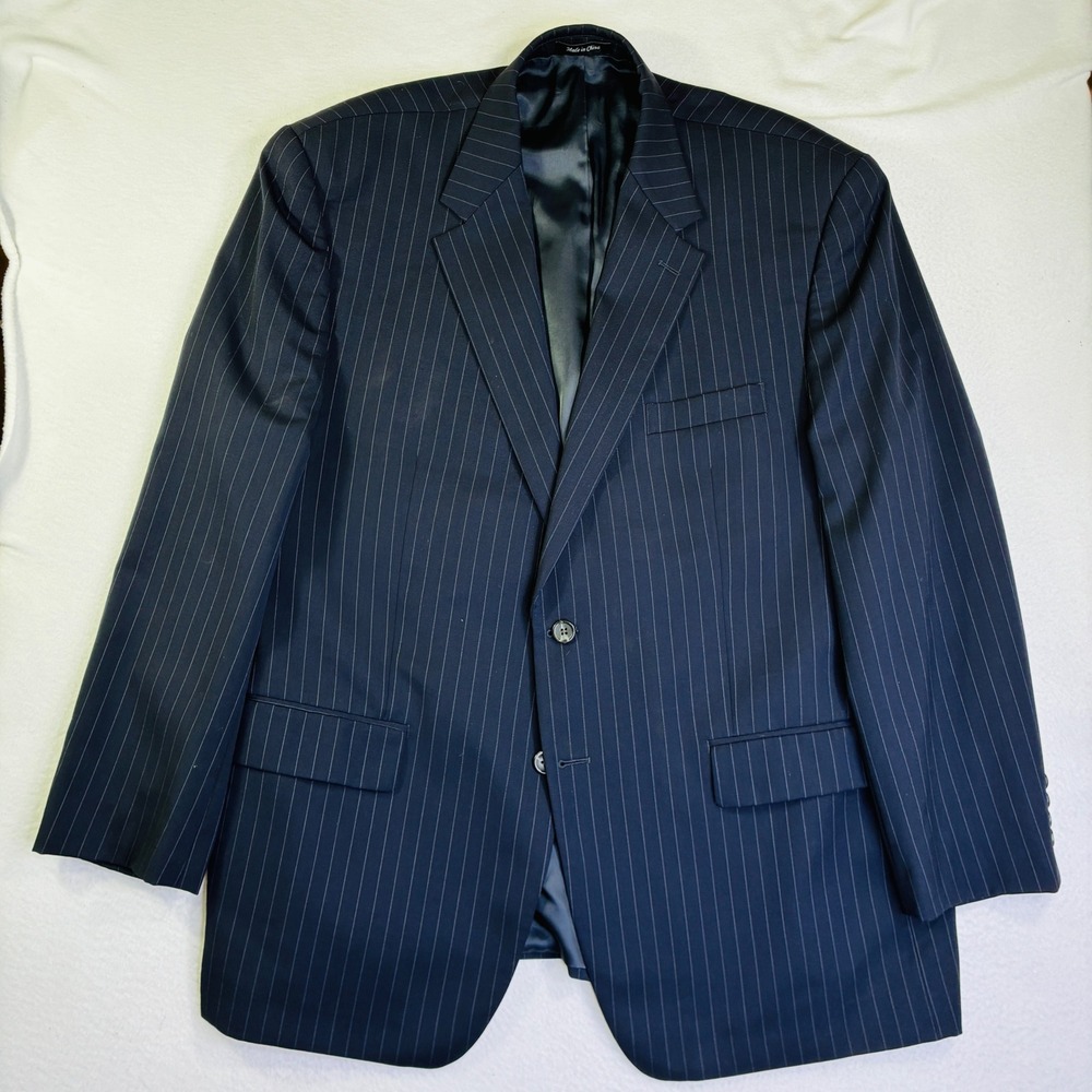 Chaps Est 1978 Mens 46R Navy Blue Pinstripe 100% Wool 2 Button Blazer Sport Coat